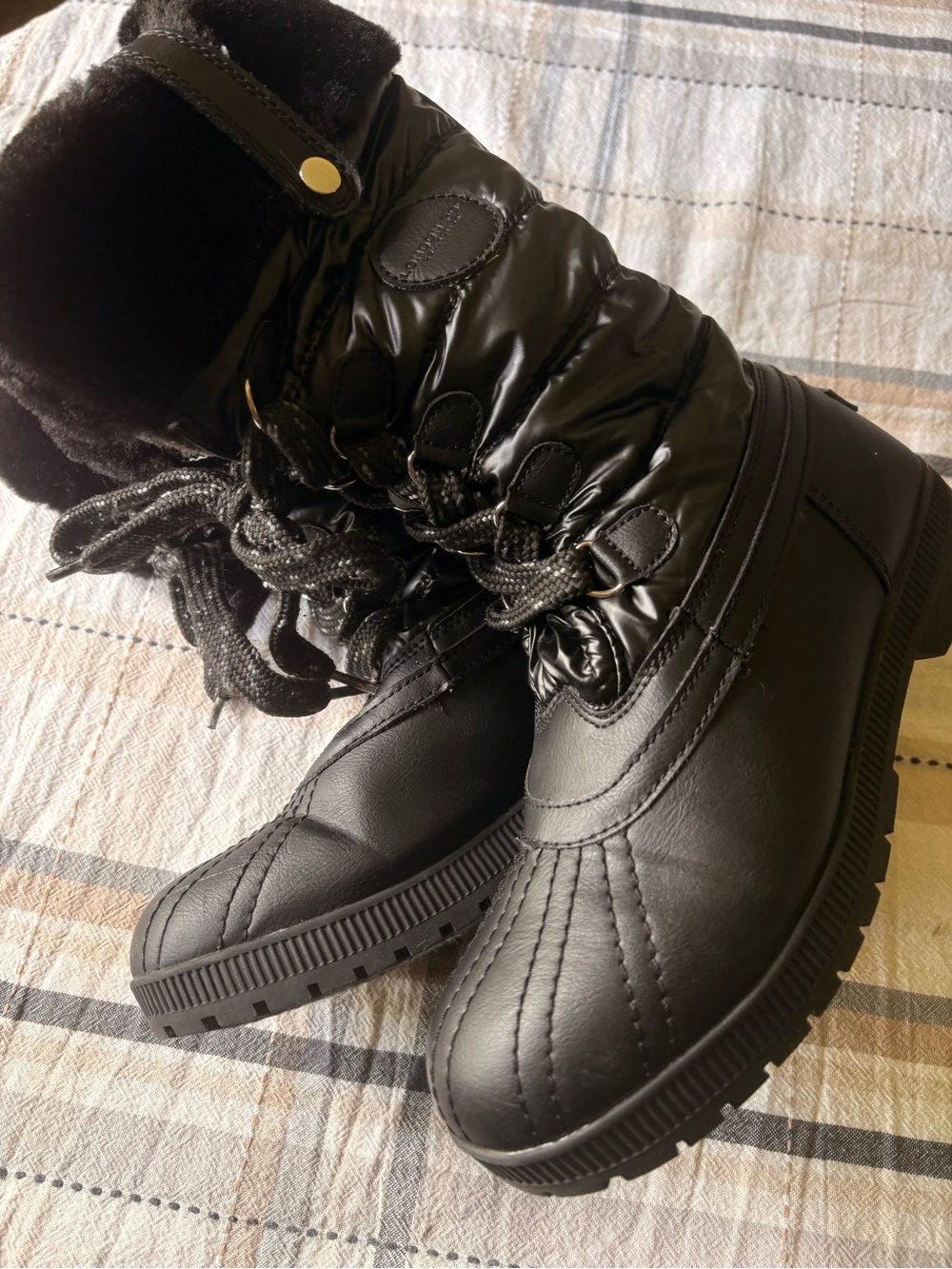 London Fog Black Quilted Puffer Winter Snow Boots with Faux Fur Women 10 Black